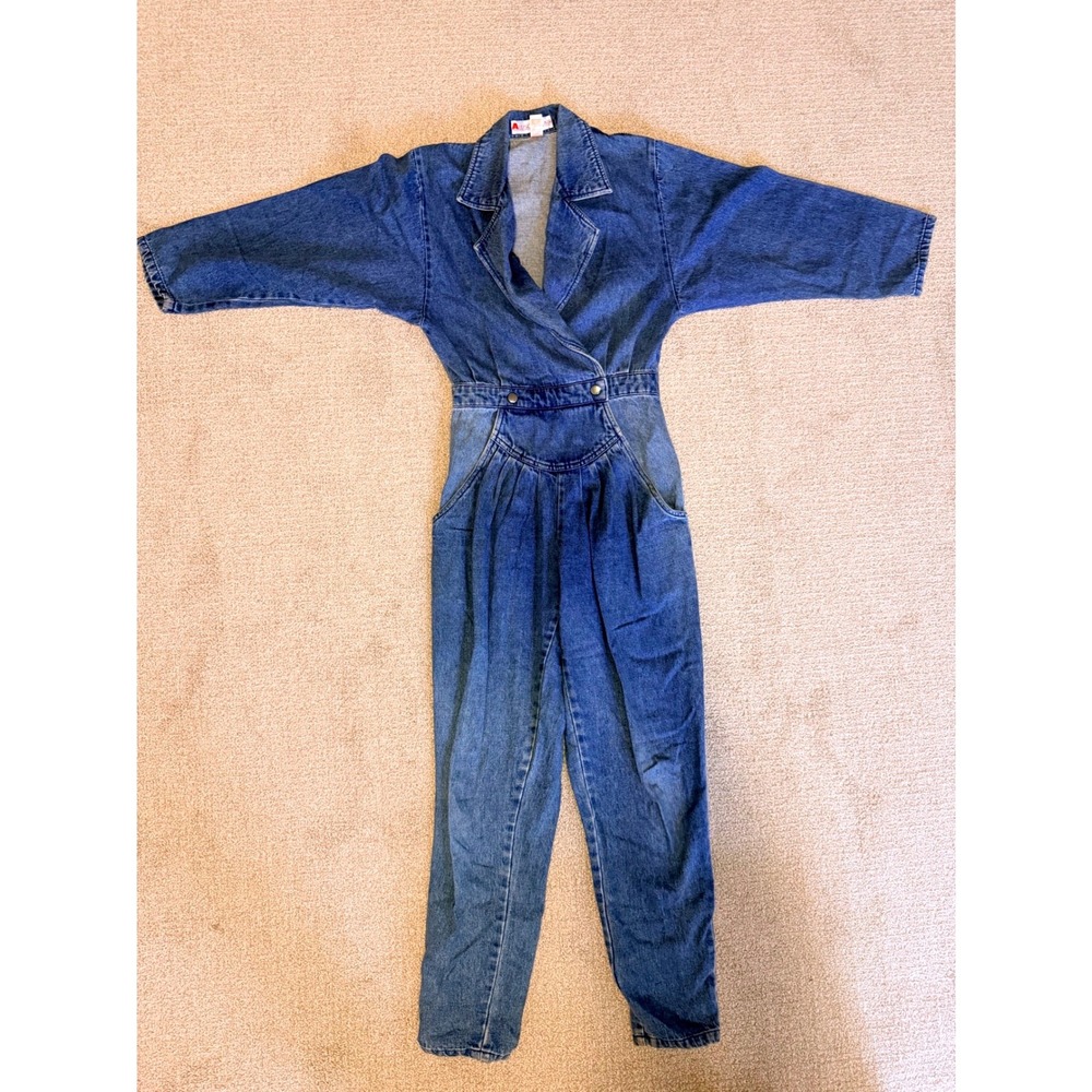 Vintage Allison Blair Denim Jumpsuit 5 Blue Cotton Wrap Front 80 90s Tapered Leg
